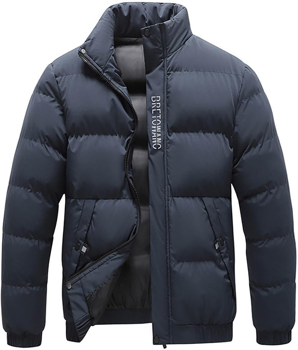 Men Winter Warm Down Jacket Long Sleeve Quilted Coats Casual Puffer Jackets Mens Outdoor Ski Hiking Windproof Stand Collar Full Zip Outwear Solid Color Thermal Coat