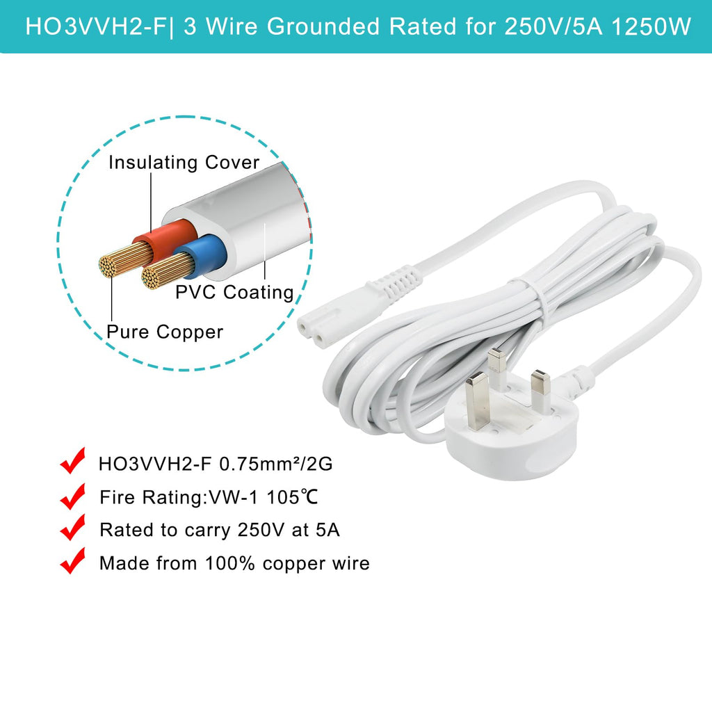 TV power cable 3M, 2 Pin Mains Power Lead Fig Figure 8 UK Power Cable, IEC320C7 to BS 1363 C7 Figure 8 Power Lead compatible with Samsung LG Philips Toshiba TV/Printer/PS4/PS3/PS5…
