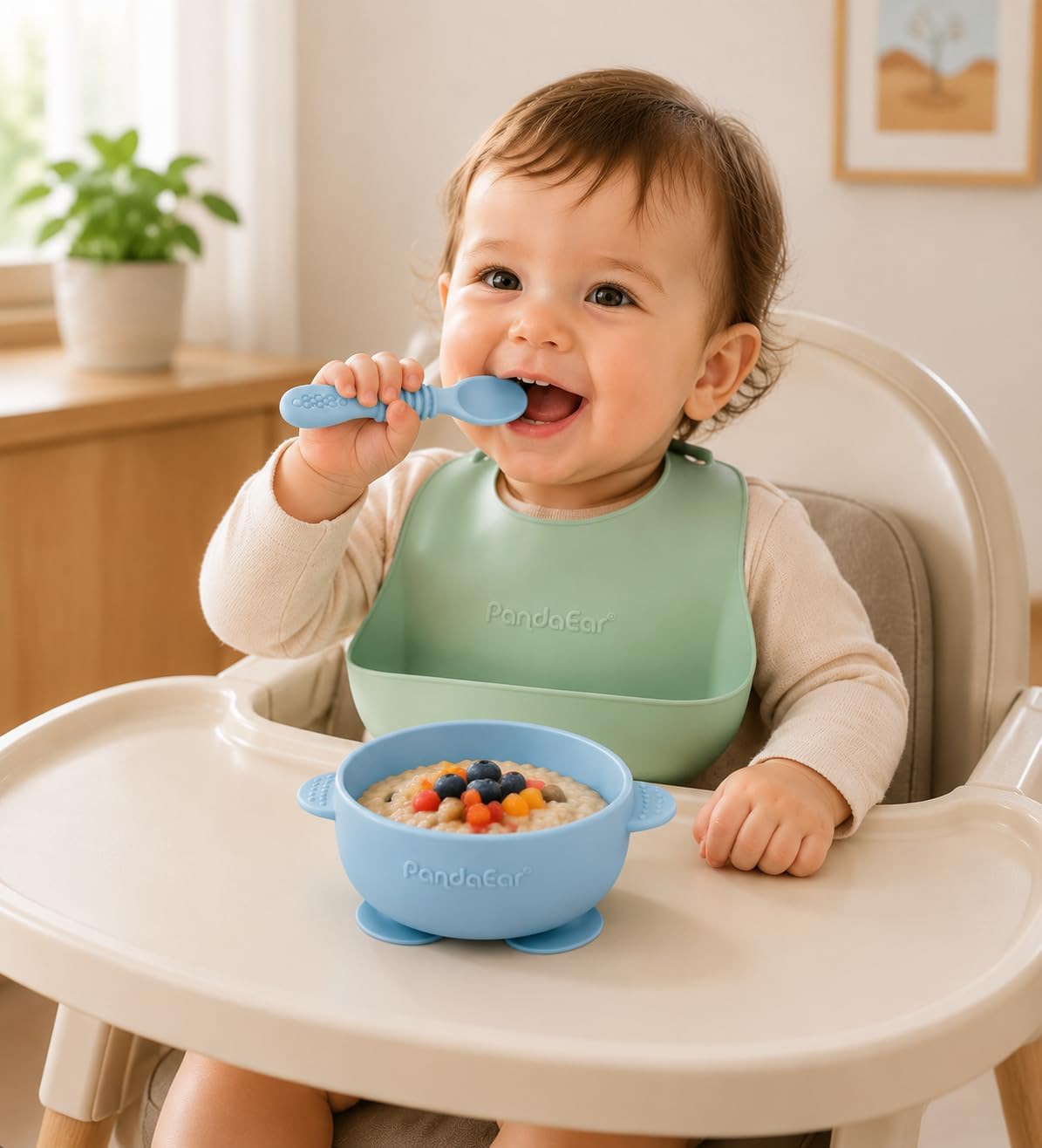 PandaEar 3 Pack Baby Suction Bowls with 3 Spoons, Stay Put Silicone Food Bowl Babies Led Weaning Supplies for Kids Toddlers, BPA-Free (Linen Brown Tan)