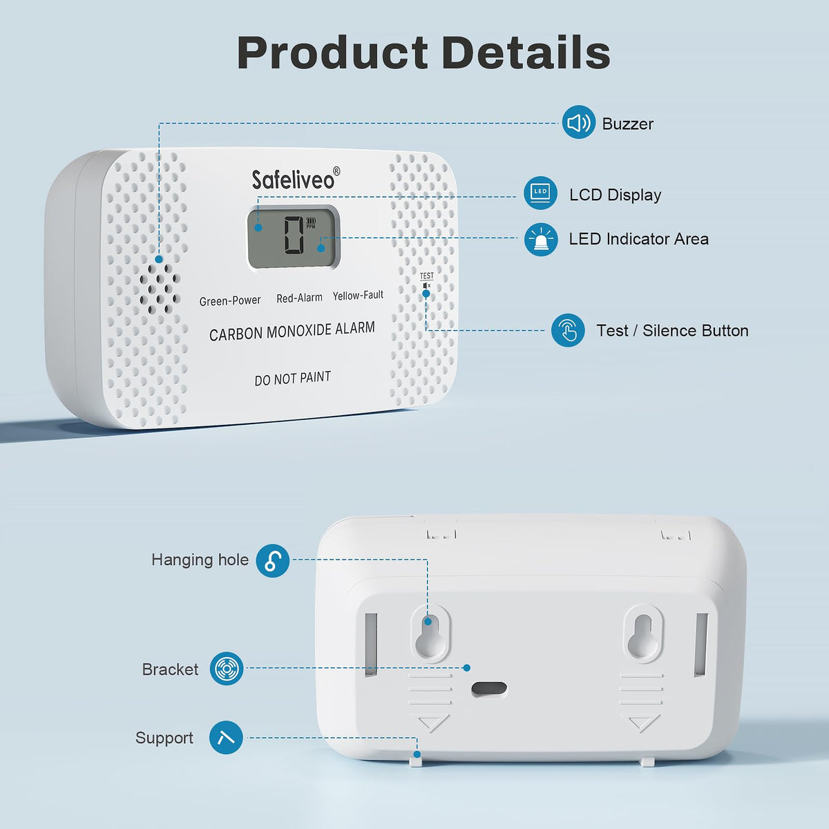 Safeliveo Carbon Monoxide Detector with Replaceable Battery, White, 2Pack