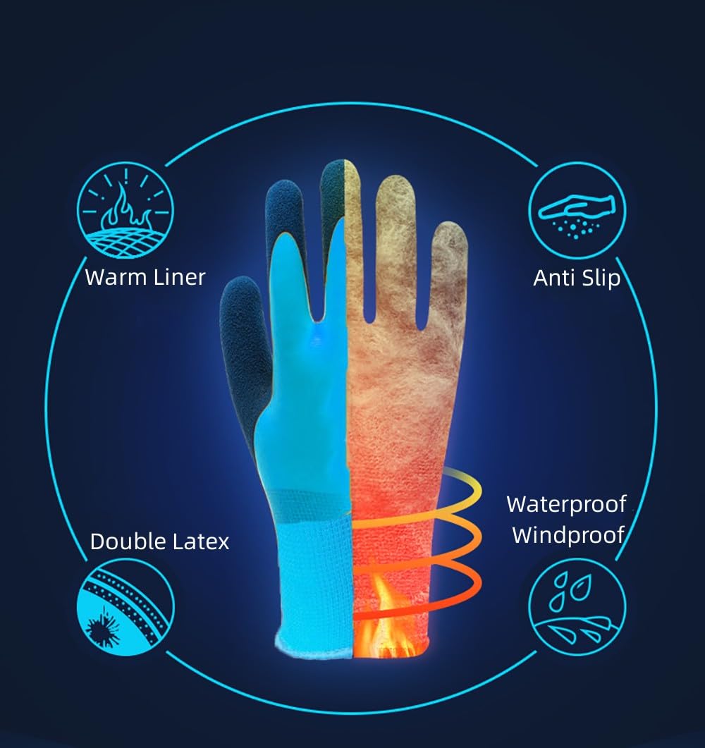 2 Pairs Waterproof Thermal Winter Work Gloves Polar Fleece Liner Superior Grip Double Latex Coating for Garden Logistics Warehousing in Cold Weather Outdoor Activities