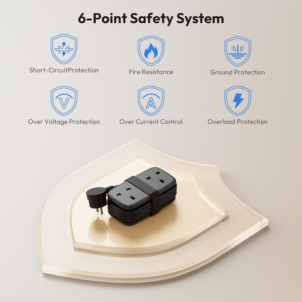 NTONPOWER UK to European Plug Adapter with 1.2M Extension Cable，2 Way Travel Extension Lead with 3 USB(2A+1C) Compact Travel Adapter for Germany France Spain Turkey Greece Iceland etc(Type E/F)