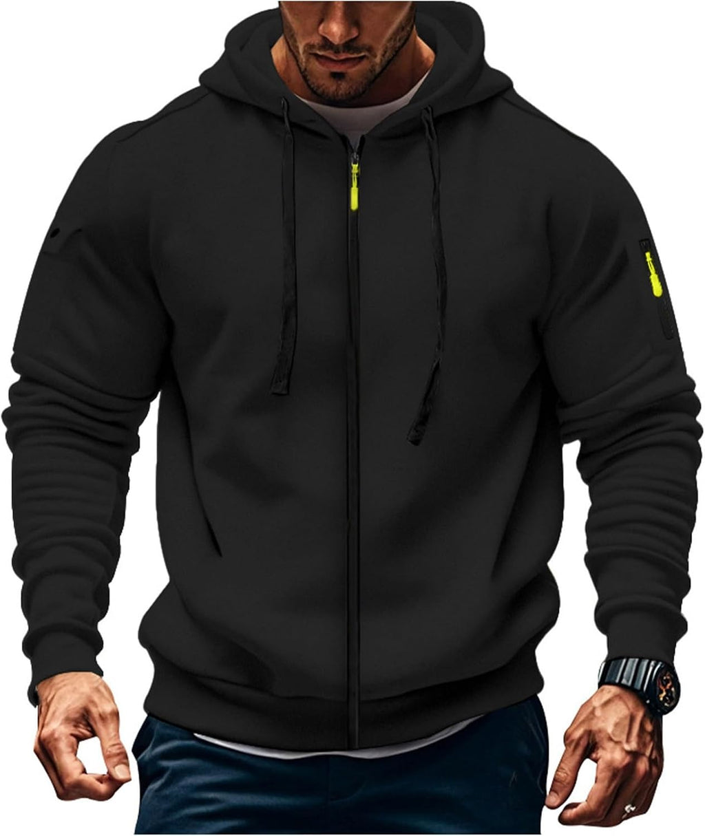 Mens Hoodie Long Sleeve Pullover Zipped with Drawstring Hood and Pocket Cuffed Shirts Hoody Fleece Slim Fit Casual Winter Oversized Hooded Sweatshirts Jacket Streetwear