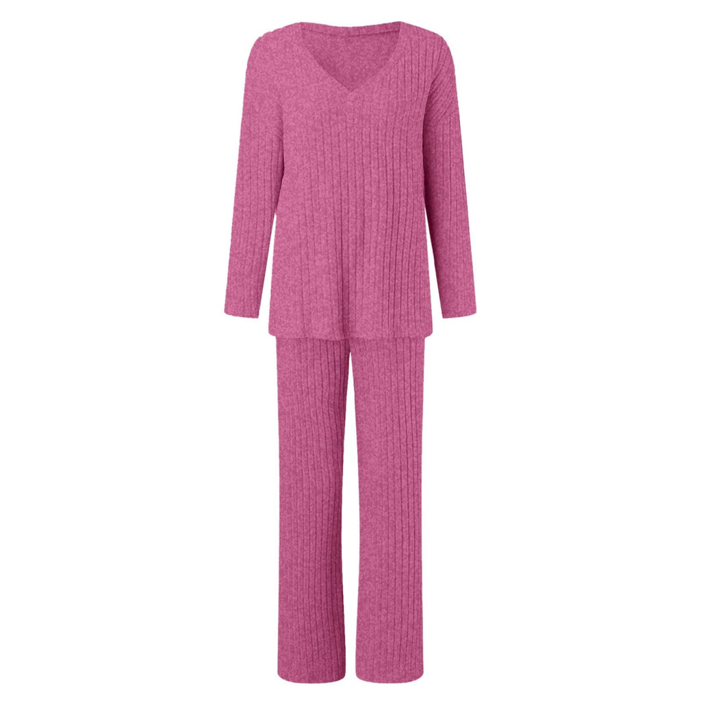 Lounge Wear Sets For Women Uk, Womens Pyjamas Set Long, Ladies Ribbed Loungewear Knit Outfits Womens Tracksuits 2 Piece Set V Neck Casual Casual Homewear