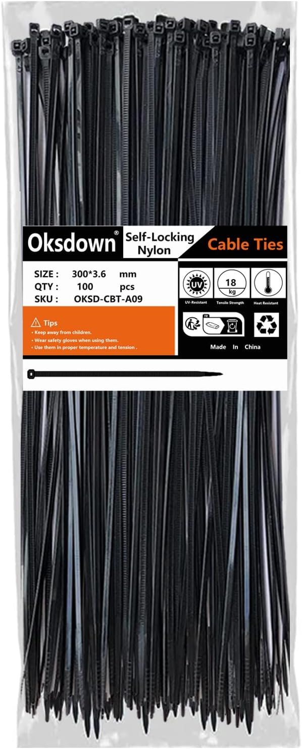 100 Pack Black Plastic Cable Ties 300mm×3.6mm Heavy Duty Strong Nylon Premium Self Locking 12 inch/30 cm Long Zip Tie Wraps