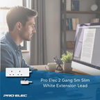 Pro Elec 2 Gang 5m Slim White Extension Lead, BS1363/A Compliant