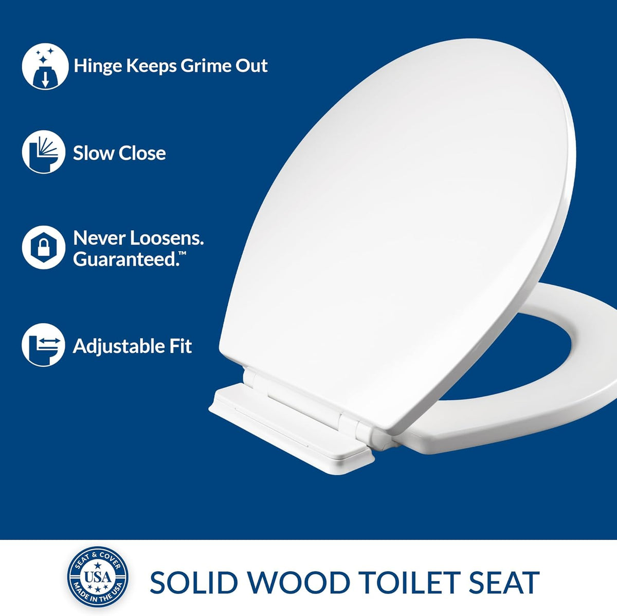 Mayfair Linden Slow Close Toilet Seat, Non Slip Heavy Duty Wood, Easy Install, Elongated, White