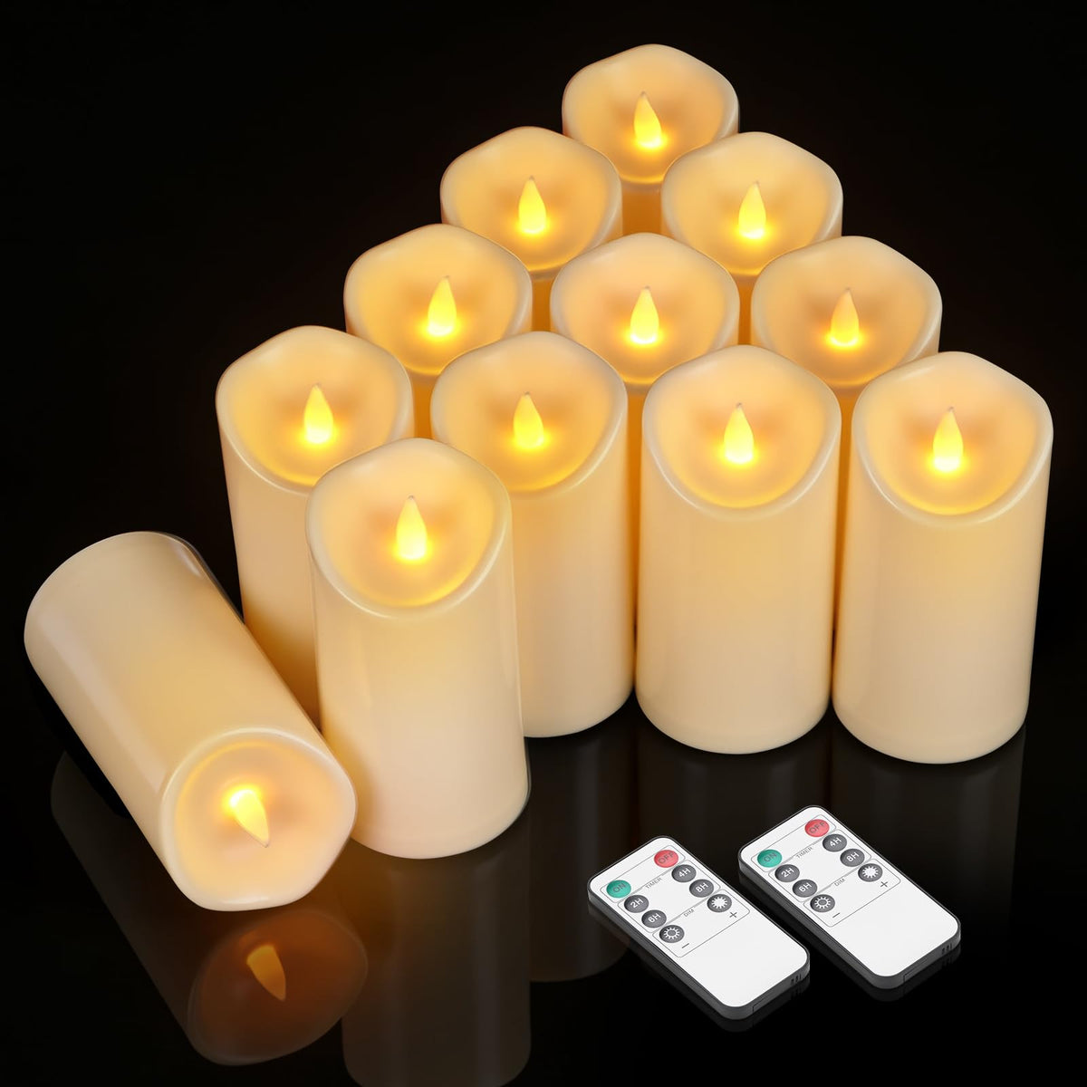 Outdoor Flameless Candles, Patented 3D Dual-LED, Set of 2 Slanted Plastic Pillars with Remote, Waterproof Non-Melting Battery Operated Decor for Bathroom Bedroom Gift, Black (D3 x H6)