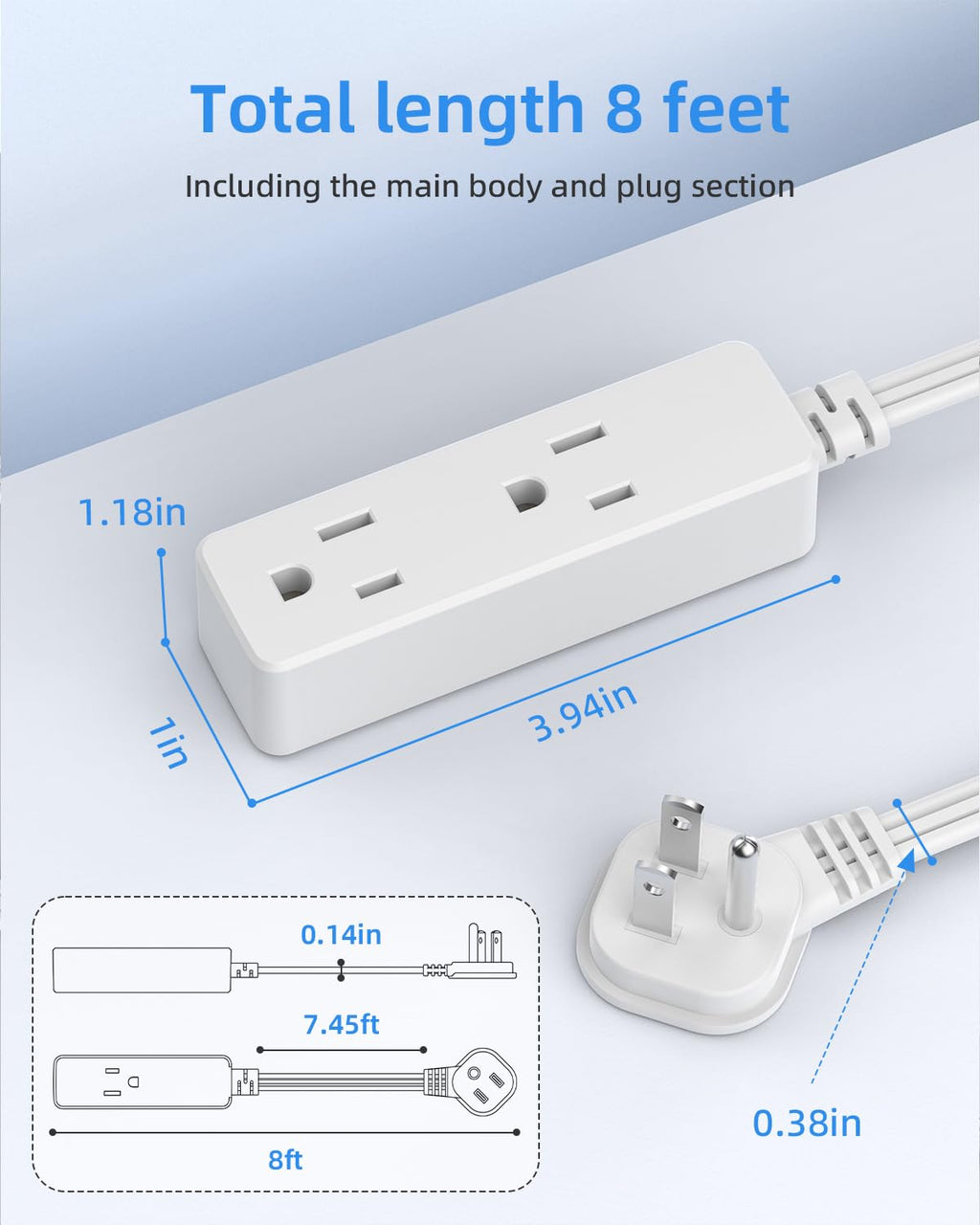 Flat Plug Extension Cord with 3 Outlets - 1Ft Low Profile Indoor 3 Prong Grounded Power Strip for Home Office & Travel - 16 AWG 13A/1625W, Black