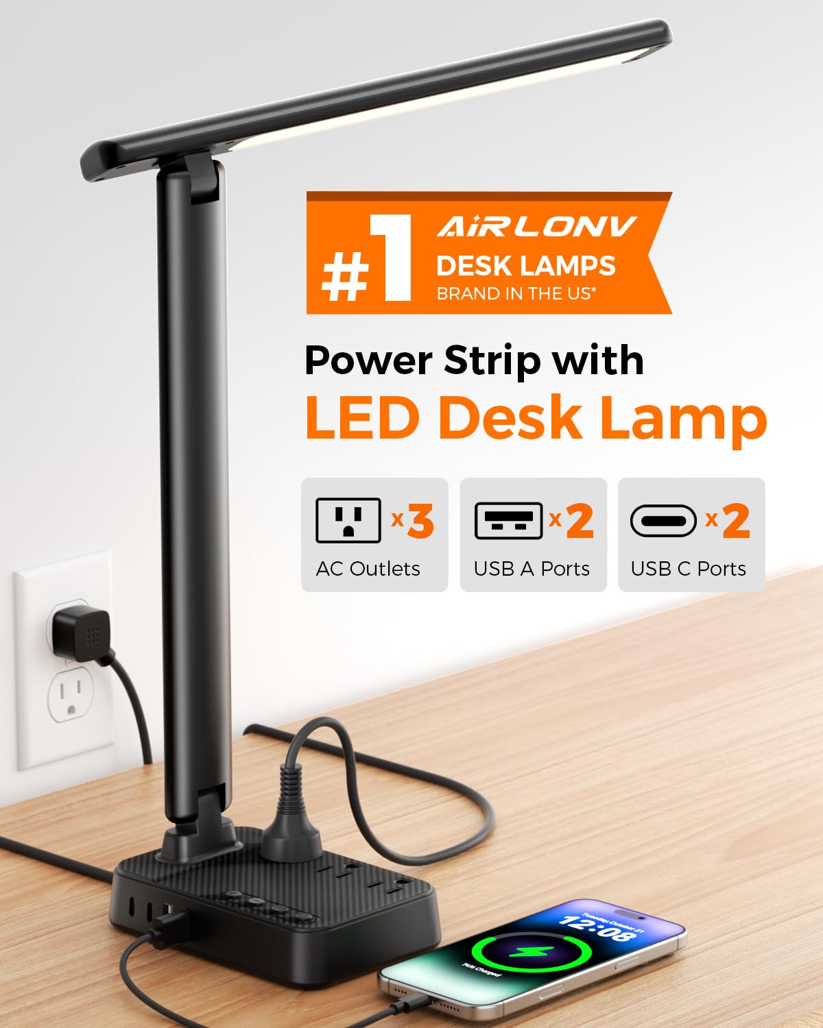 Airlonv LED Desk Lamp with Clamp, 17" Stepless Dimming Light, Black
