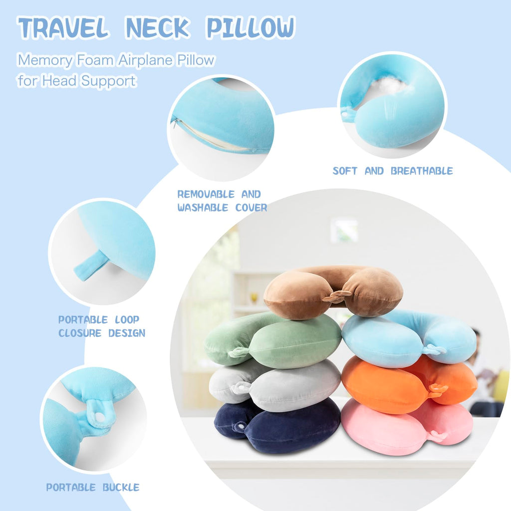 WENGX Travel Neck Pillow With Storage Bag Memory Foam Head Support Flight Pillows Cushion for Airplane Train Car Office Travel Essential for a Long Hauls Sleeping Rest(Pale Pink)
