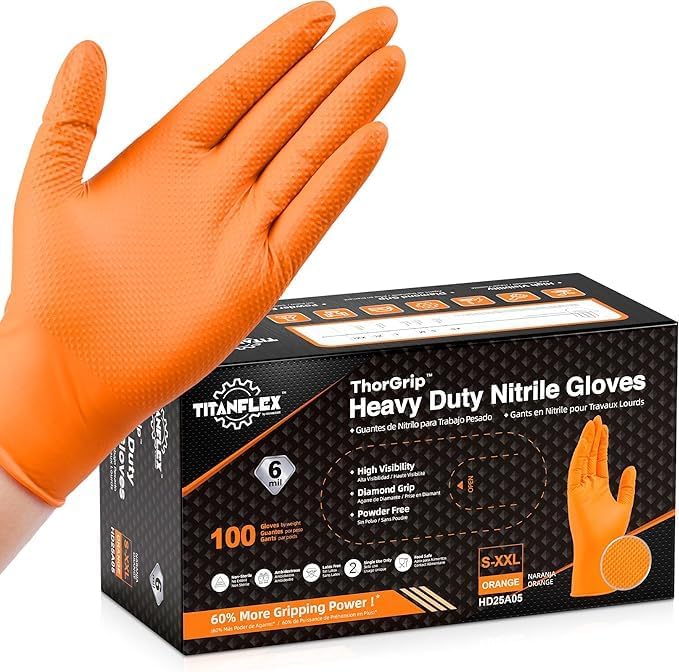 TitanFlex Heavy Duty Industrial Orange Nitrile Gloves, 8-mil, Gloves Disposable Latex Free with Raised Diamond Texture Grip, Powder Free, Rubber Glove, Mechanic Gloves,50-ct Box (Small)