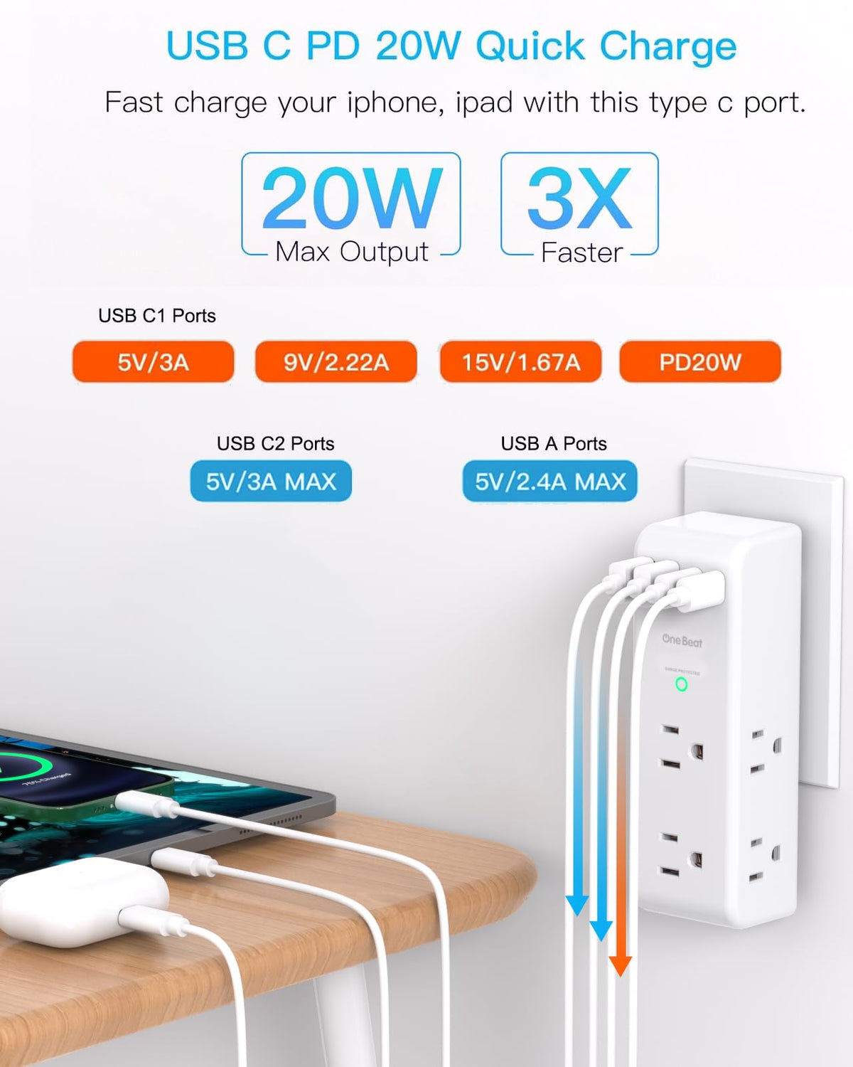 Surge Protector Outlet Extender with Rotating Plug, Multi Plug Wall Outlet