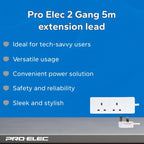 Pro Elec 2 Gang 5m Slim White Extension Lead, BS1363/A Compliant