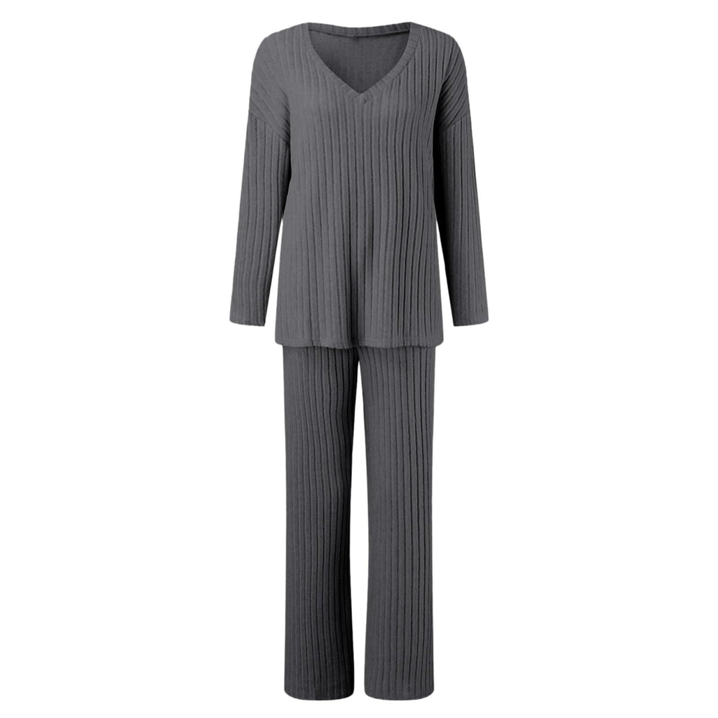 Lounge Wear Sets For Women Uk, Womens Pyjamas Set Long, Ladies Ribbed Loungewear Knit Outfits Womens Tracksuits 2 Piece Set V Neck Casual Casual Homewear