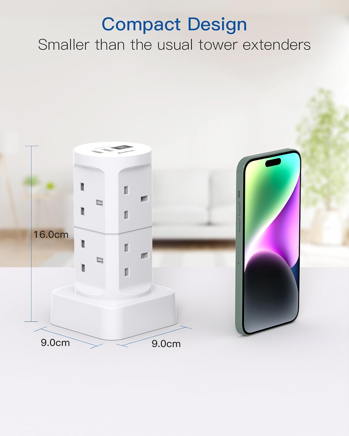 Tower Extension Lead with USB Slots, 8 Way Multi Plug Extension Tower &4USB