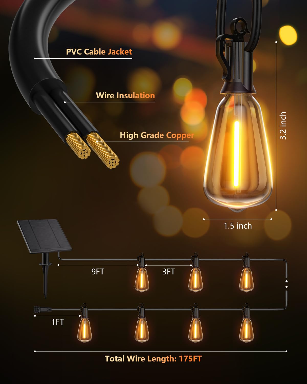 Brightown 52FT Solar String Lights Outdoor Waterproof, Last 30+ Hrs Runtime