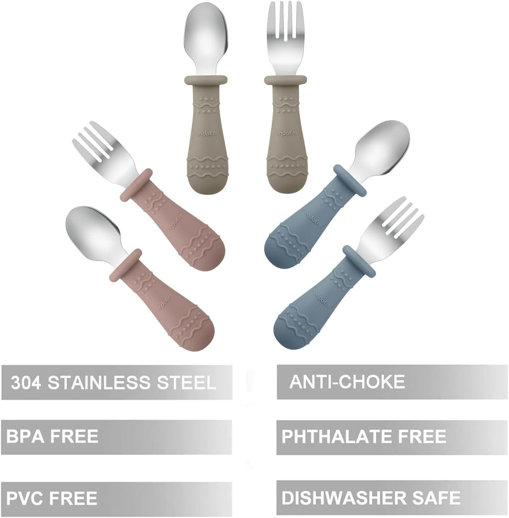 PandaEar 6 Pack Toddler Cutlery Set| Baby Fork and Spoon Set| Stainless Steel Childrens Kids Cutlery| Baby Cutlery Self Feeding 12 Months Plus with Silicone Holding Anti-Choke Design (Blue/Brown/Red)