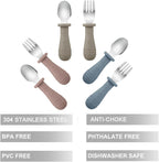 PandaEar 6 Pack Toddler Cutlery Set| Baby Fork and Spoon Set| Stainless Steel Childrens Kids Cutlery| Baby Cutlery Self Feeding 12 Months Plus with Silicone Holding Anti-Choke Design (Blue/Brown/Red)