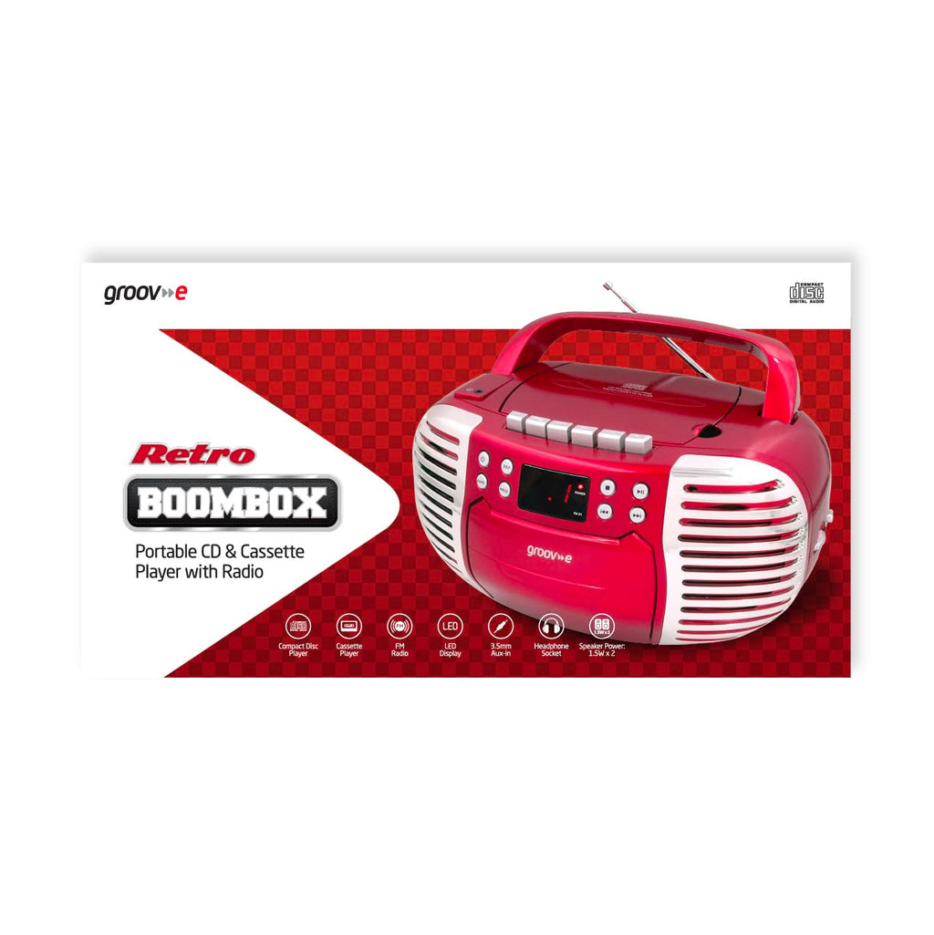 Groov-e Original Boombox - Portable CD Player with Bluetooth, Radio, 3.5mm Aux Port, & Headphone Socket - LED Display, 2 x 1.2W Speakers - Battery or Mains Powered - Blue