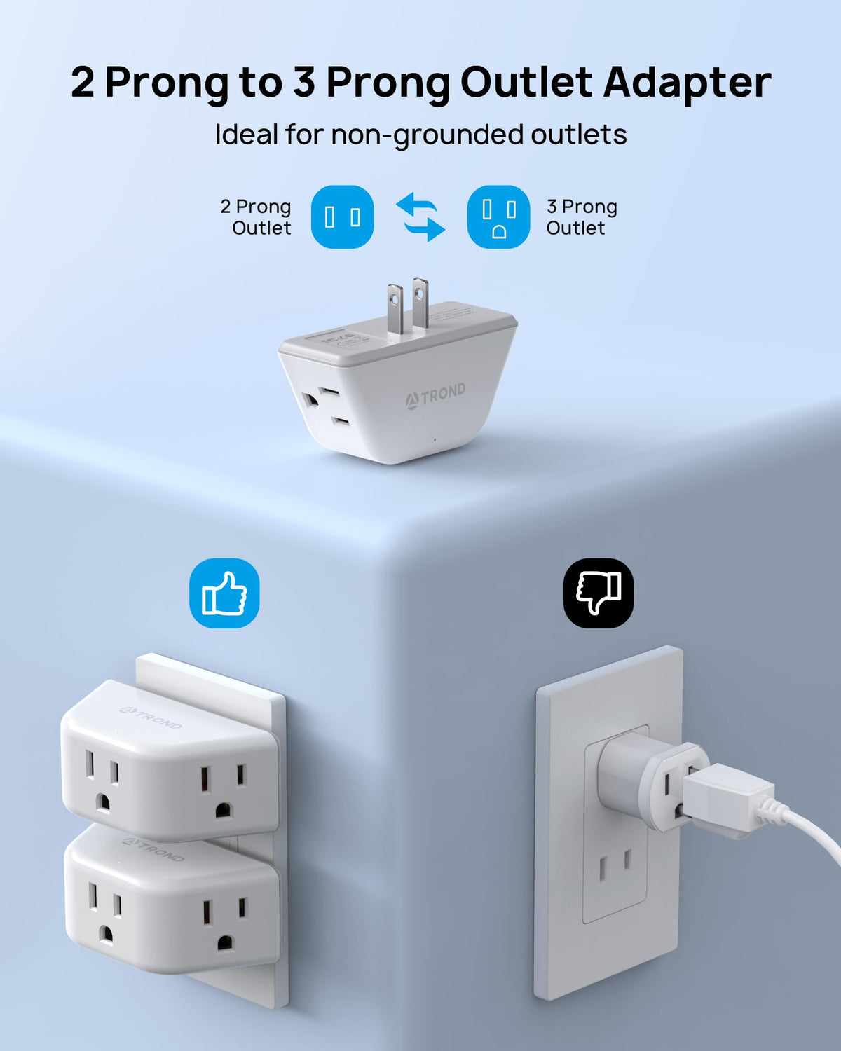 TROND Multi Plug Outlet Extender with USB, 2 Pack Plug Splitter