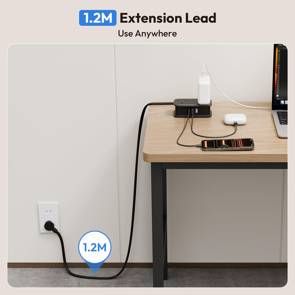 NTONPOWER UK to European Plug Adapter with 1.2M Extension Cable，2 Way Travel Extension Lead with 3 USB(2A+1C) Compact Travel Adapter for Germany France Spain Turkey Greece Iceland etc(Type E/F)