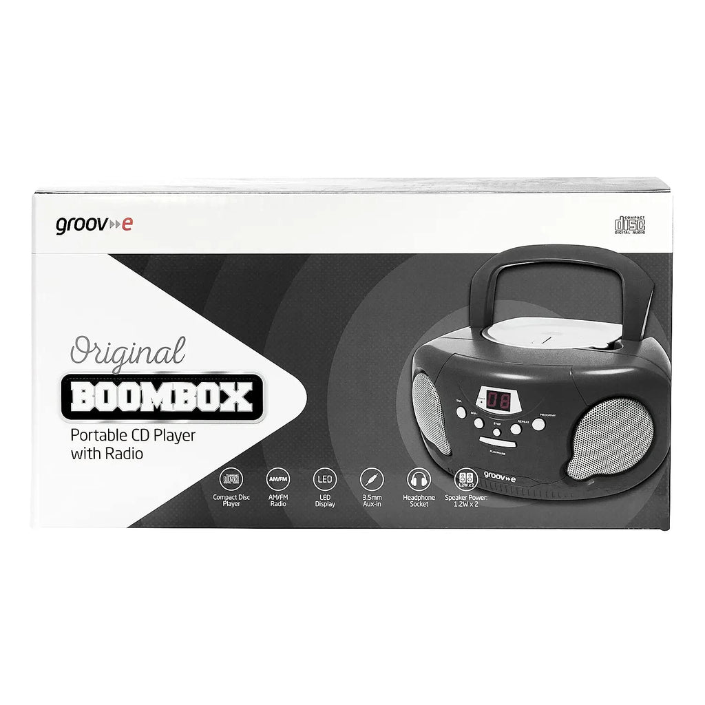 Groov-e Original Boombox - Portable CD Player with Bluetooth, Radio, 3.5mm Aux Port, & Headphone Socket - LED Display, 2 x 1.2W Speakers - Battery or Mains Powered - Blue