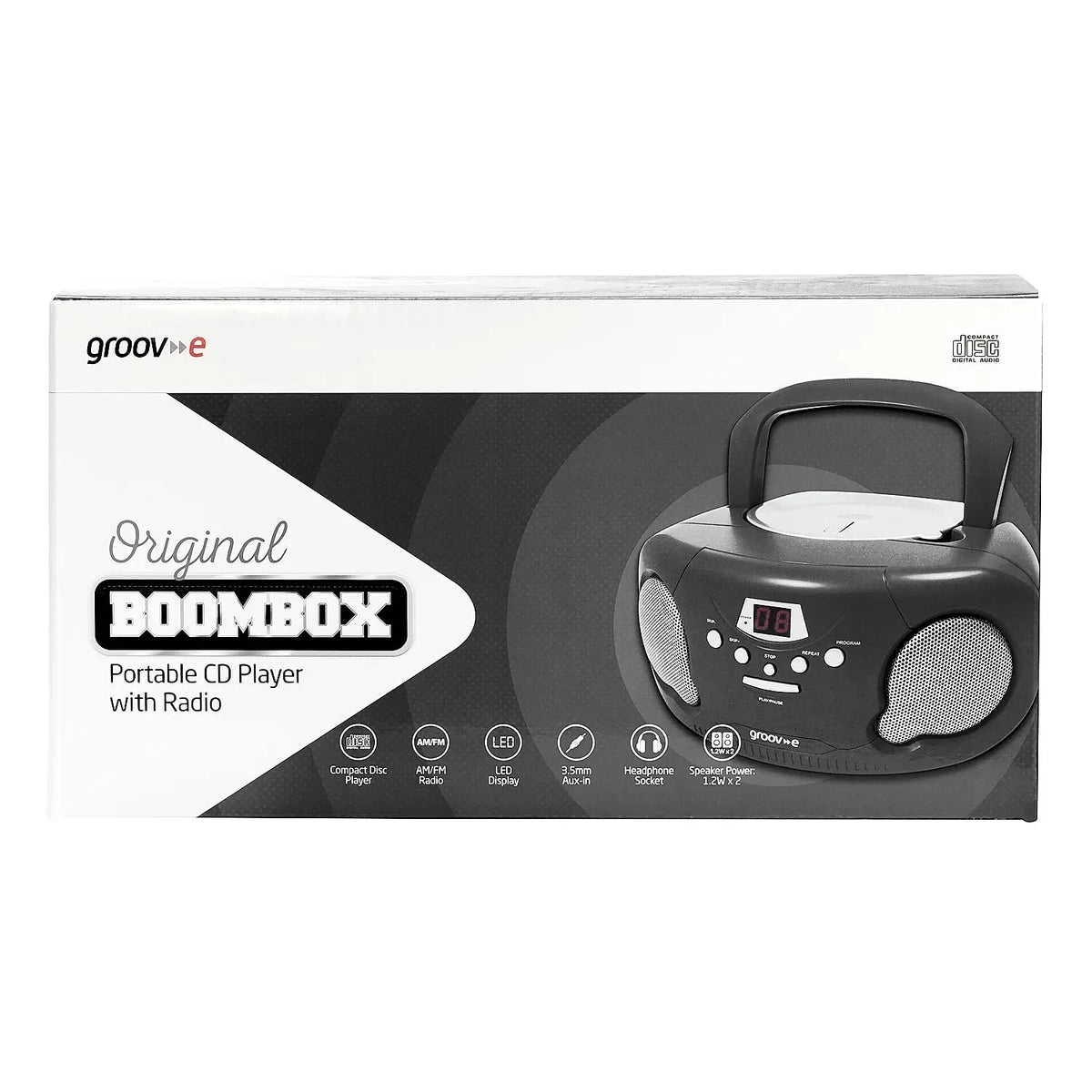Groov-e Original Boombox - Portable CD Player with Bluetooth, Radio, 3.5mm Aux Port, & Headphone Socket - LED Display, 2 x 1.2W Speakers - Battery or Mains Powered - Blue