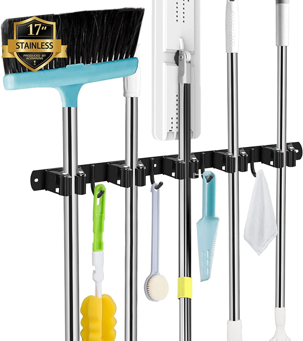 AceMining Broom Holder Wall Mount, 5 Racks 4 Hooks Heavy Duty Mop Organizer