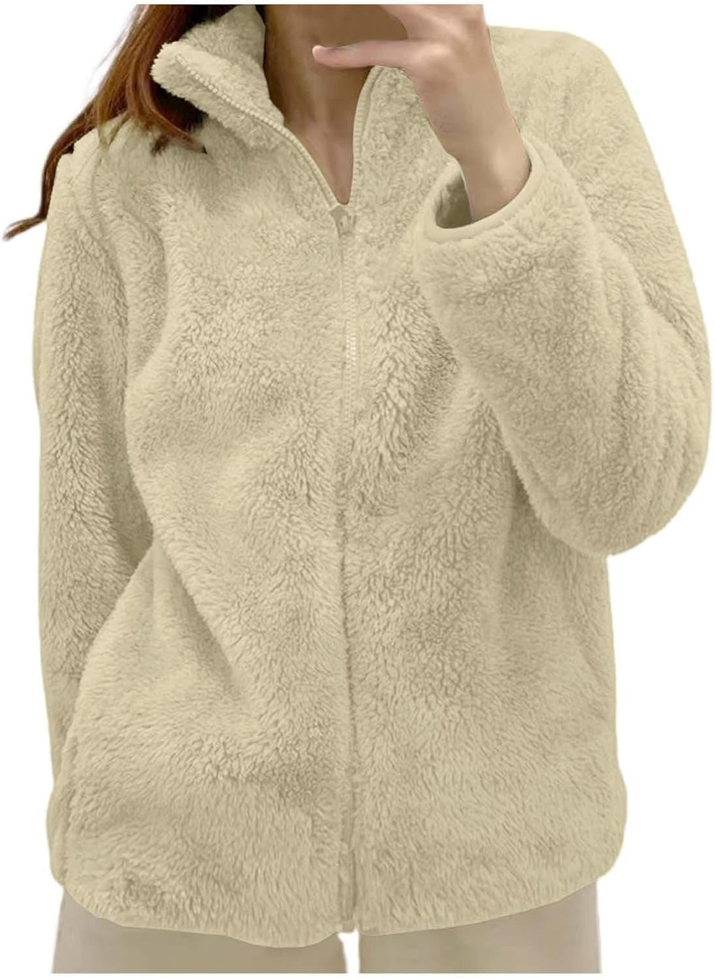 Fleece Winter Jackets for Women UK Fashion Warm Soft Fluffy Coats Causal Solid Color Long Sleeve Full Zip Jacket Elegant Callor Lapel Cardigans Ladies Teddy Fleece Outwear Gifts for Daily Holiday