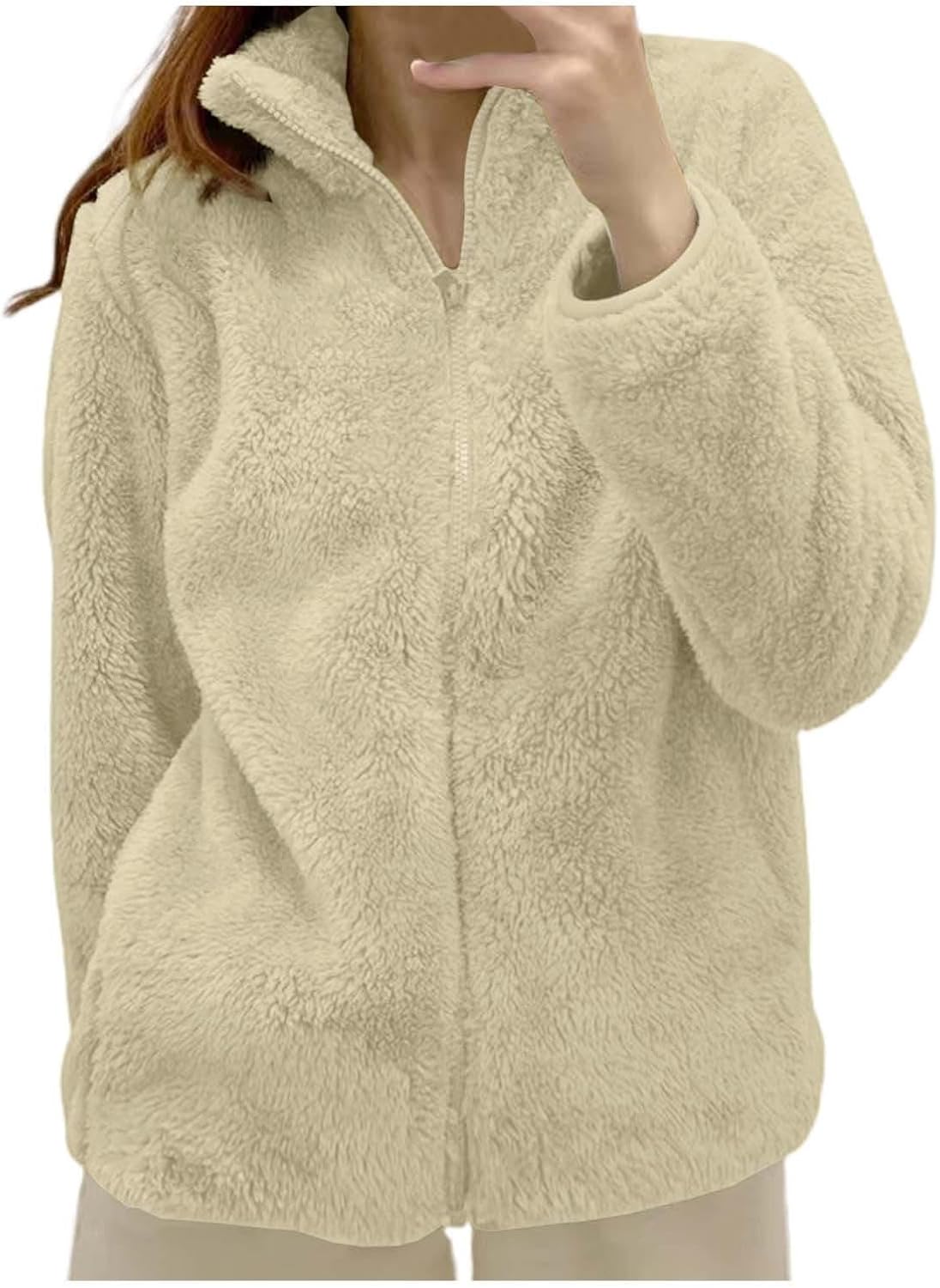 Fleece Winter Jackets for Women UK Fashion Warm Soft Fluffy Coats Causal Solid Color Long Sleeve Full Zip Jacket Elegant Callor Lapel Cardigans Ladies Teddy Fleece Outwear Gifts for Daily Holiday