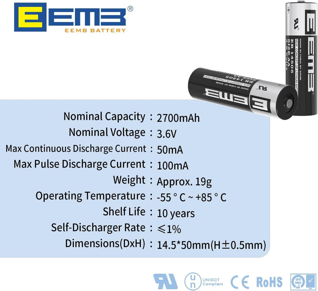 EEMB ER14505 AA 3.6V 2700mAh Lithium Battery Li-SOCL₂ Non-Rechargeable Battery SB-AA11 LS14500 TL-5903 SL-360 ER14500 for Water Electricity Meter Gas PLC Facility Equipment Spare Generic Battery (4)