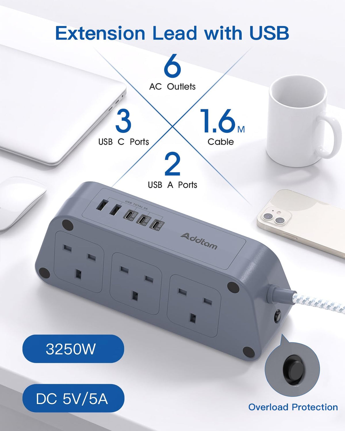 Extension Lead with USB Slots, 6 Way Outlets 5 USB (5A, 3 USB- C Port),1.6M