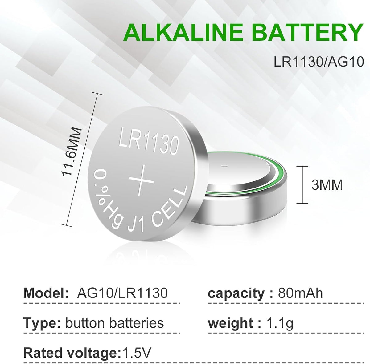 LR1130 Battery, 25 Pack AG10 389 390 LR54 SR1130 1.5V Alkaline Button Cell Batteries, for Watch, Calculators, Toys