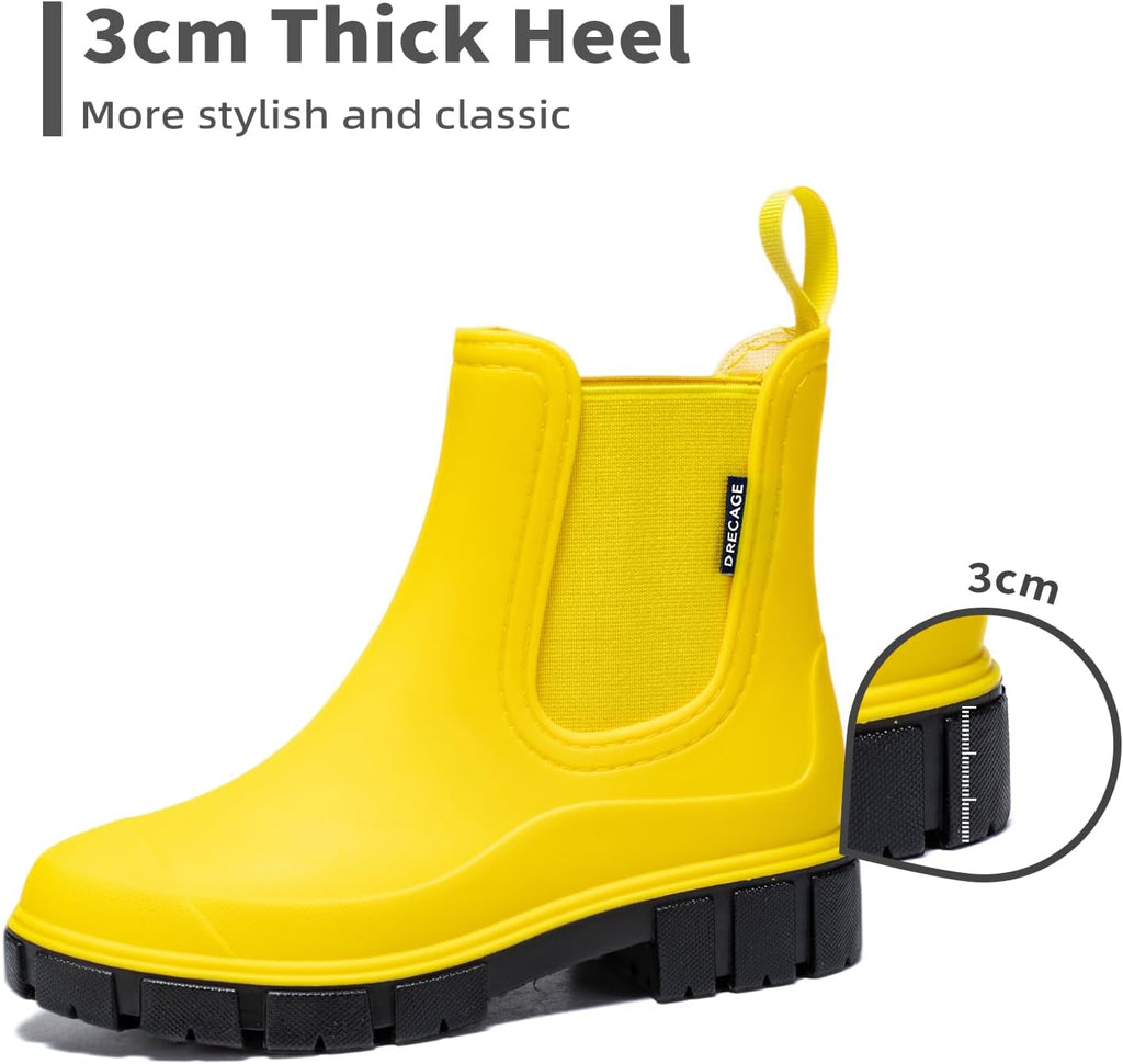 DRECAGE Wellies Boots Women Waterproof Short Chelsea Fashion Ladies Comfortable Rain Boots Outdoors Garden Walking