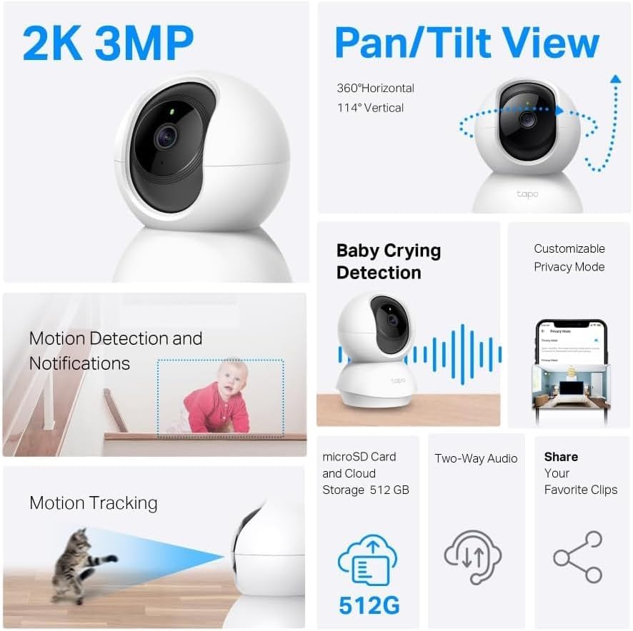 Tapo C210P2 2K 3MP Pan/Tilt Indoor Security Camera Set, Pet Camera