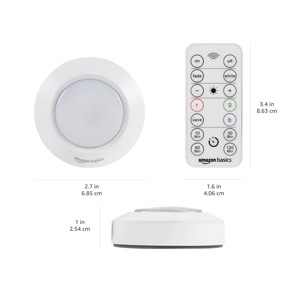Amazon Basics LED Puck Lights, Battery Operated, 50 Lumens, Under Cabinet Lighting, Easy to Install, Easy to Use, Adhesive Backing, 2-Pack, White