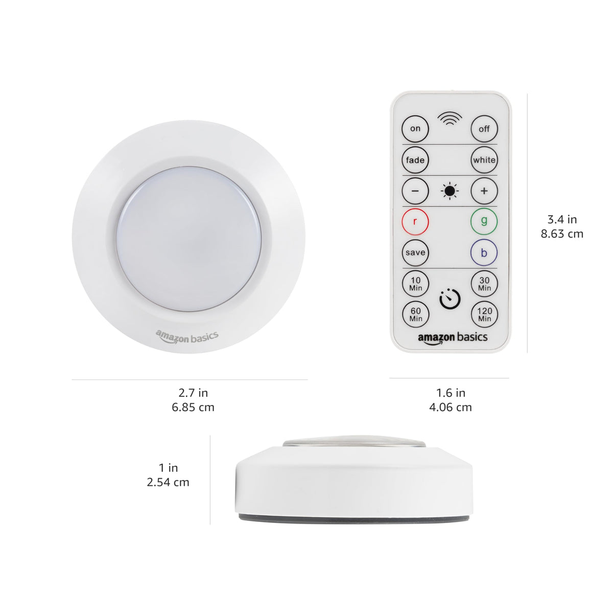 Amazon Basics LED Puck Lights, Battery Operated, 50 Lumens, Under Cabinet Lighting, Easy to Install, Easy to Use, Adhesive Backing, 2-Pack, White