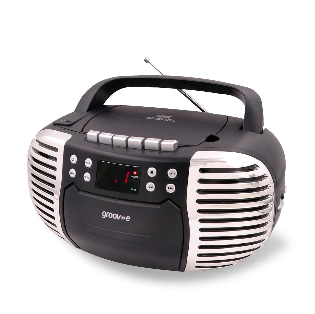 Groov-e Original Boombox - Portable CD Player with Bluetooth, Radio, 3.5mm Aux Port, & Headphone Socket - LED Display, 2 x 1.2W Speakers - Battery or Mains Powered - Blue