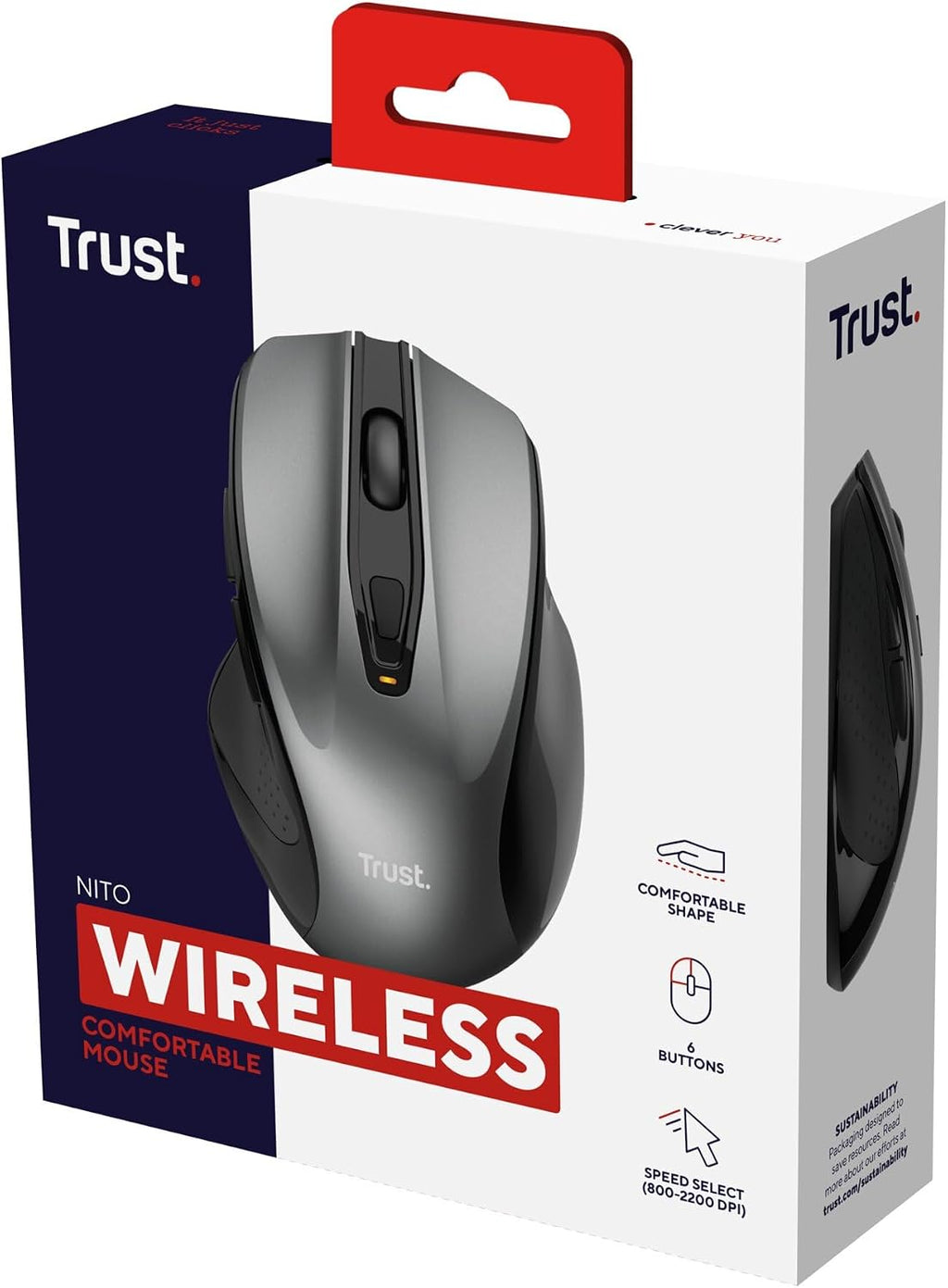 Trust Nito Ergonomic Wireless Mouse with Thumb Rest, 6 Buttons