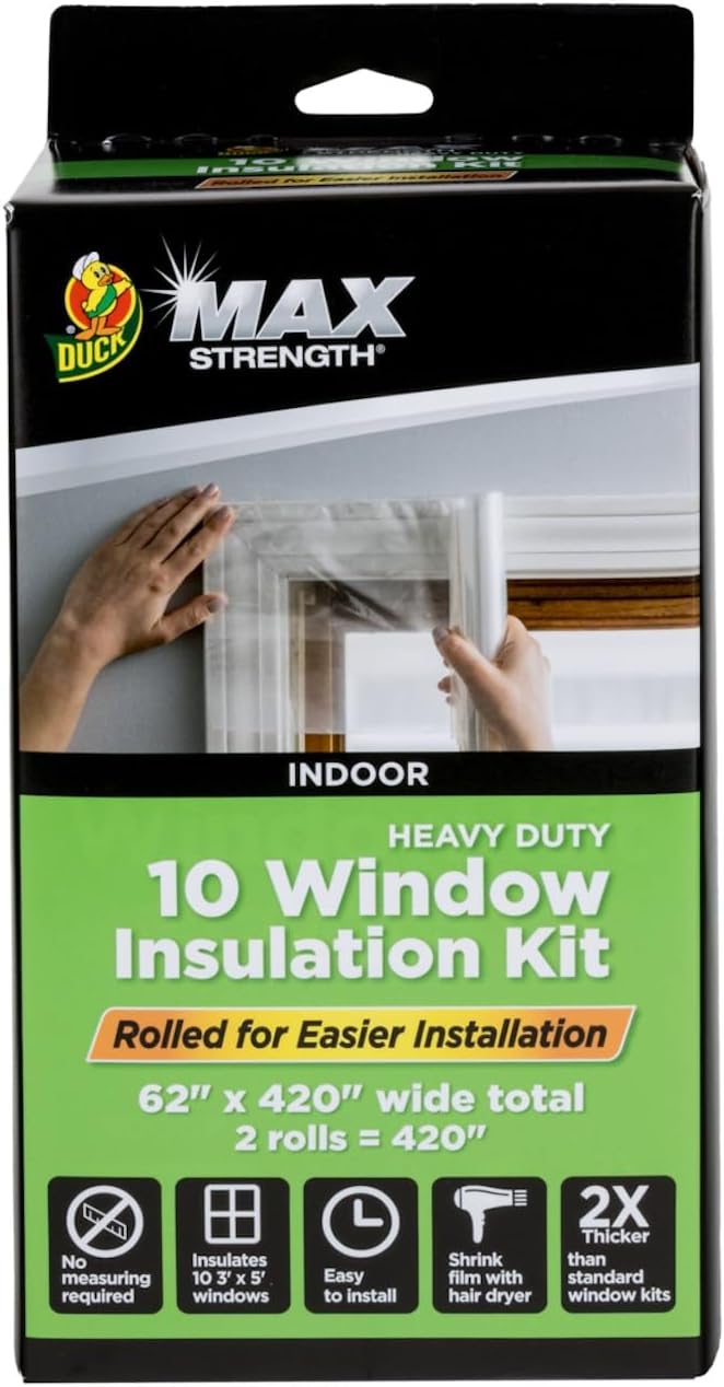 Duck MAX Strength Window Insulation Kit, Winter Window Seal Kit Fits up to 10 Windows, Heavy Duty Shrink Film Cuts to Size for Easy Indoor Installation, Window Tape Included,62 In. x 420 In., Clear