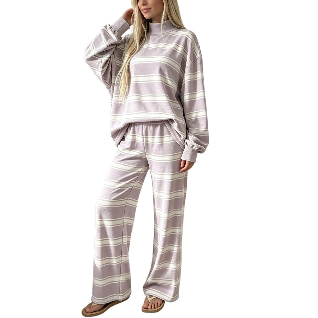 Striped Lounge Wear Sets for Women UK 2 Piece Outfits Loungewear Travel Matching Pyjamas Sets Mock Neck Oversized Knitted Jumper Long Sleeve Top and Wide Leg Pants Fall Winter