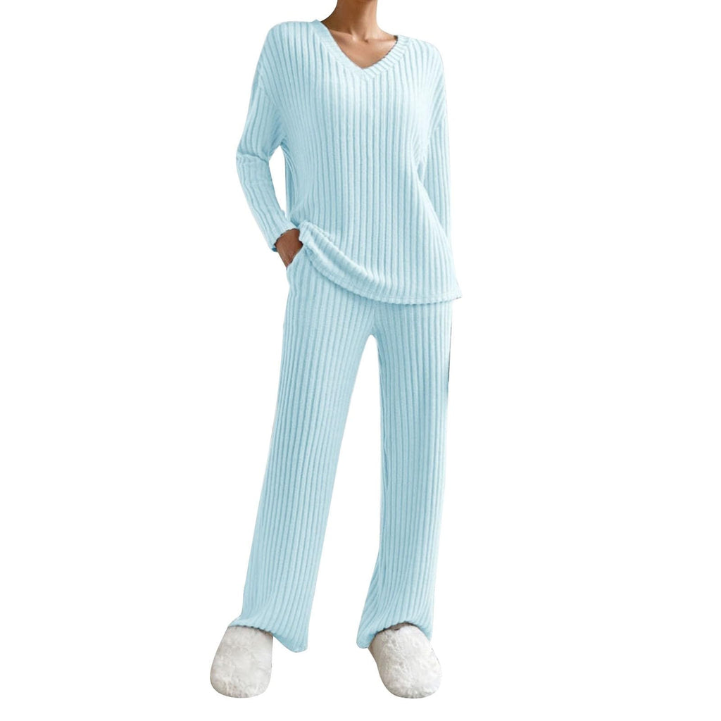 Lounge Wear Sets For Women Uk, Womens Pyjamas Set Long, Ladies Ribbed Loungewear Knit Outfits Womens Tracksuits 2 Piece Set V Neck Casual Casual Homewear