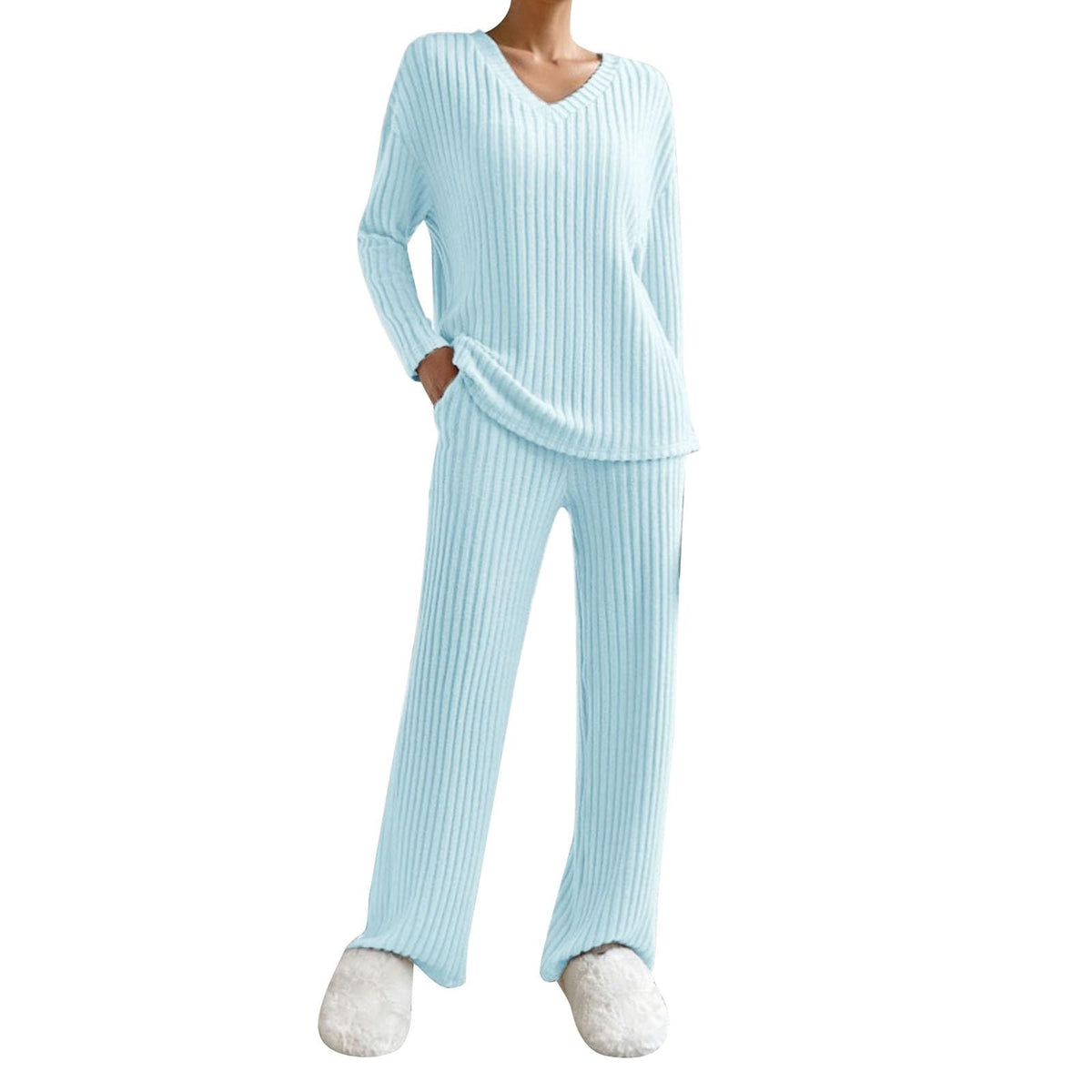 Lounge Wear Sets For Women Uk, Womens Pyjamas Set Long, Ladies Ribbed Loungewear Knit Outfits Womens Tracksuits 2 Piece Set V Neck Casual Casual Homewear