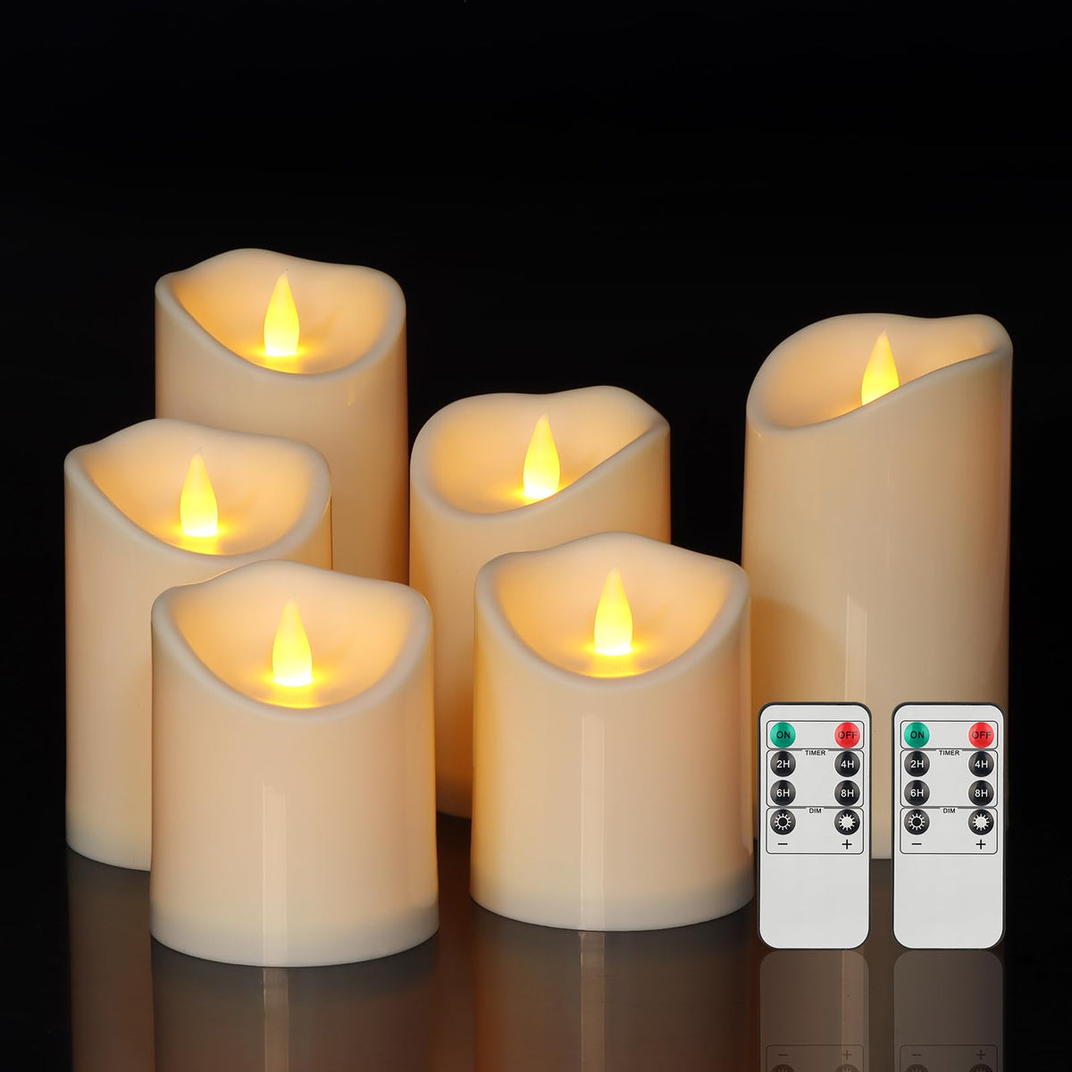 Outdoor Flameless Candles, Patented 3D Dual-LED, Set of 2 Slanted Plastic Pillars with Remote, Waterproof Non-Melting Battery Operated Decor for Bathroom Bedroom Gift, Black (D3 x H6)