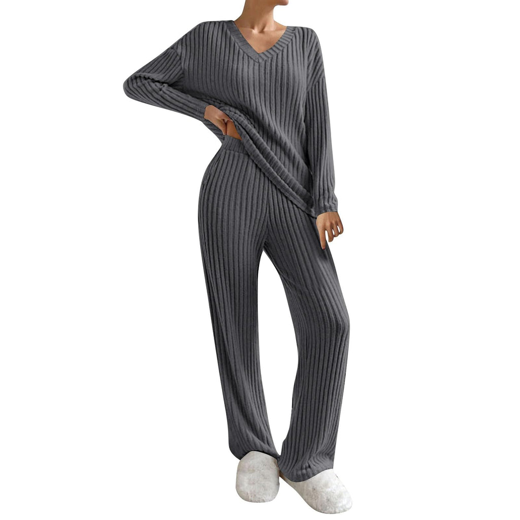 Lounge Wear Sets For Women Uk, Womens Pyjamas Set Long, Ladies Ribbed Loungewear Knit Outfits Womens Tracksuits 2 Piece Set V Neck Casual Casual Homewear