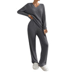 Lounge Wear Sets For Women Uk, Womens Pyjamas Set Long, Ladies Ribbed Loungewear Knit Outfits Womens Tracksuits 2 Piece Set V Neck Casual Casual Homewear