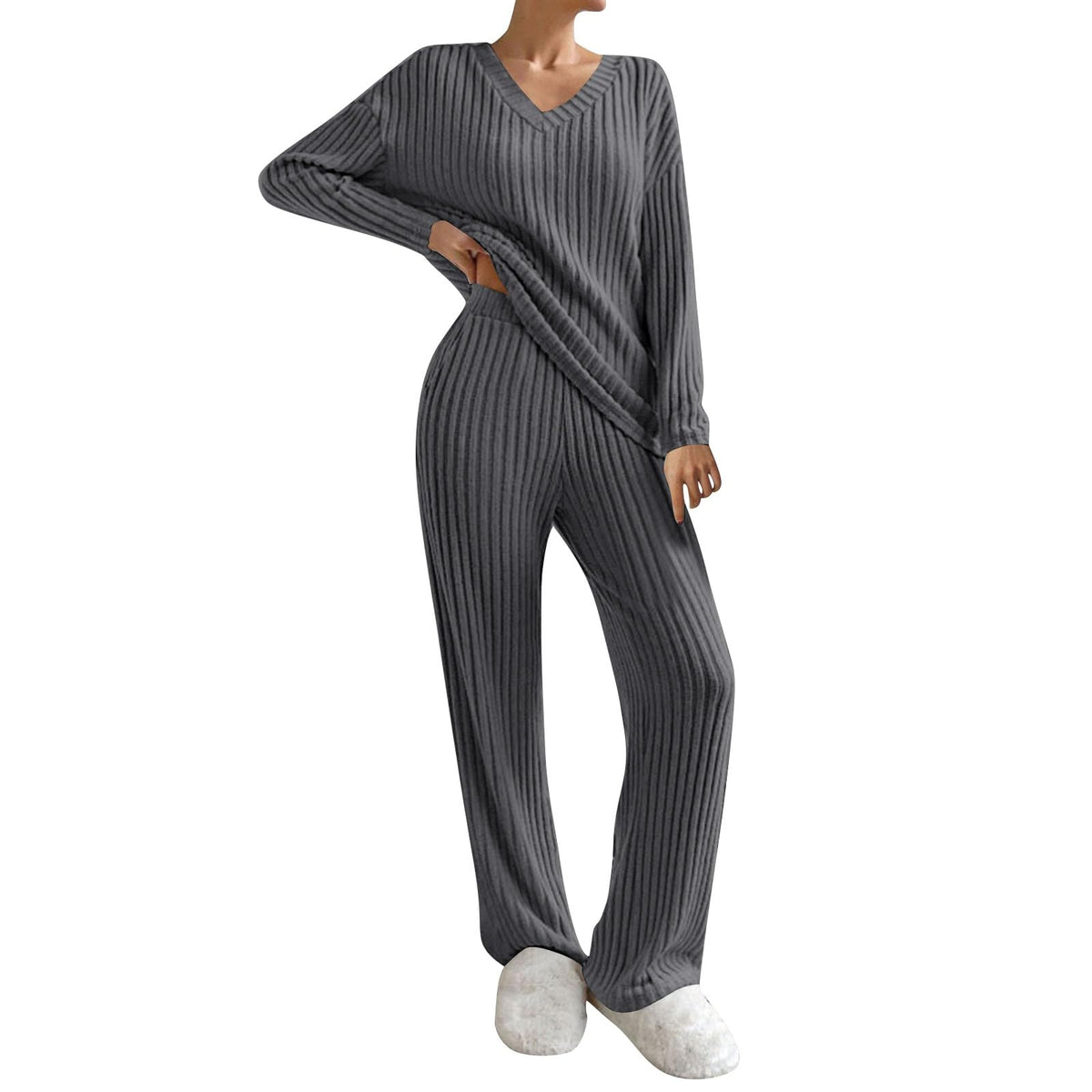 Lounge Wear Sets For Women Uk, Womens Pyjamas Set Long, Ladies Ribbed Loungewear Knit Outfits Womens Tracksuits 2 Piece Set V Neck Casual Casual Homewear