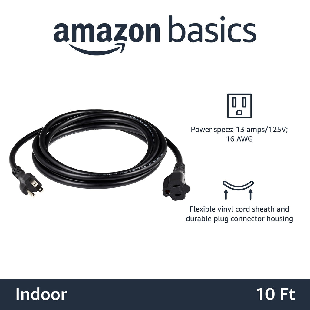 Amazon Basics Extension Cord, 3 Prong Outlet Extender, Indoor Power Cord, 13 Amps, 125V, 6 Ft, Black