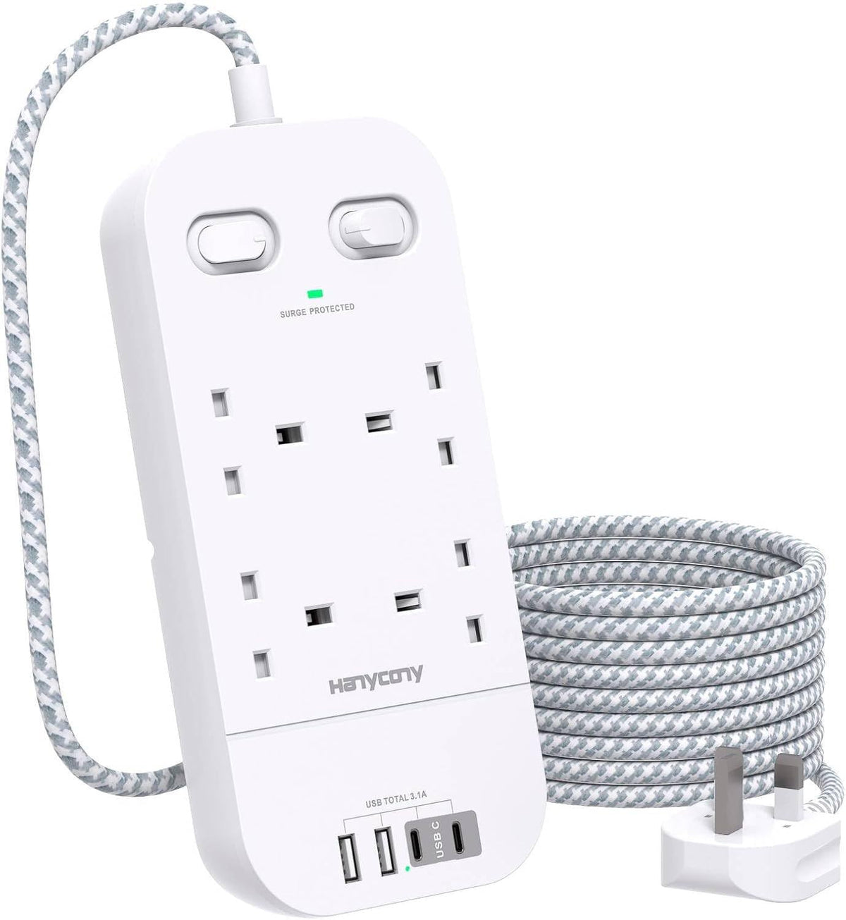 Extension Lead 5M, 4 Way Surge Protected Power Strip with USB C Slots